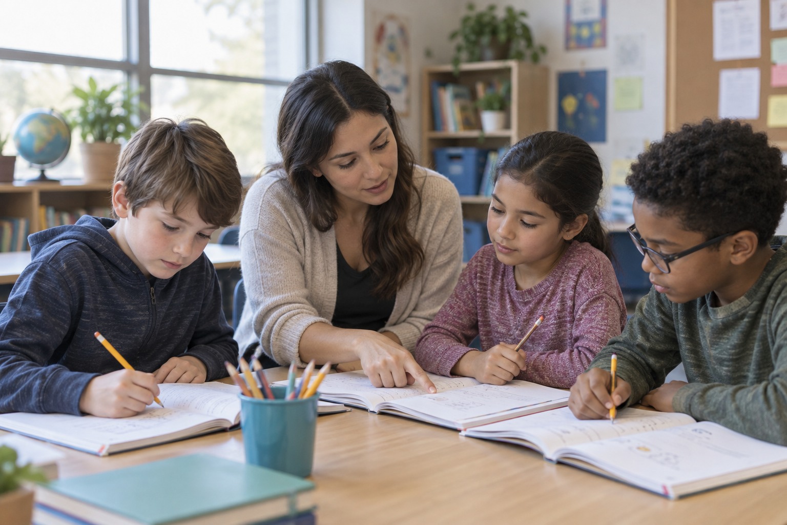 Tutor helping children with workbooks in an after-school classroom