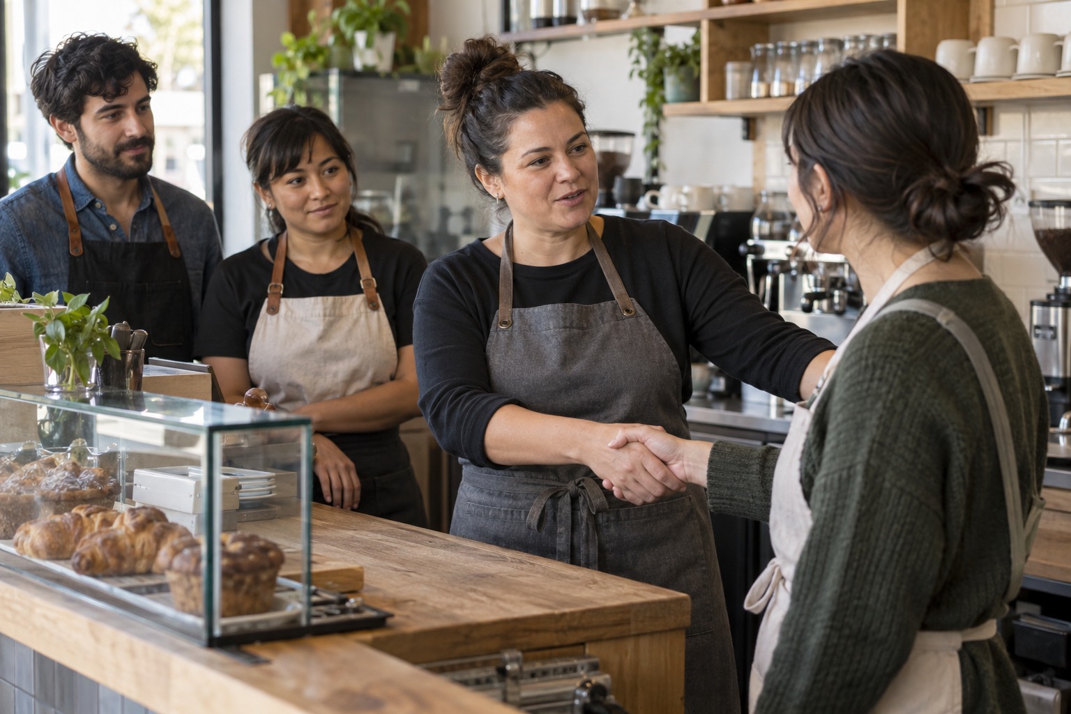 Neighborhood cafe team welcoming a new colleague